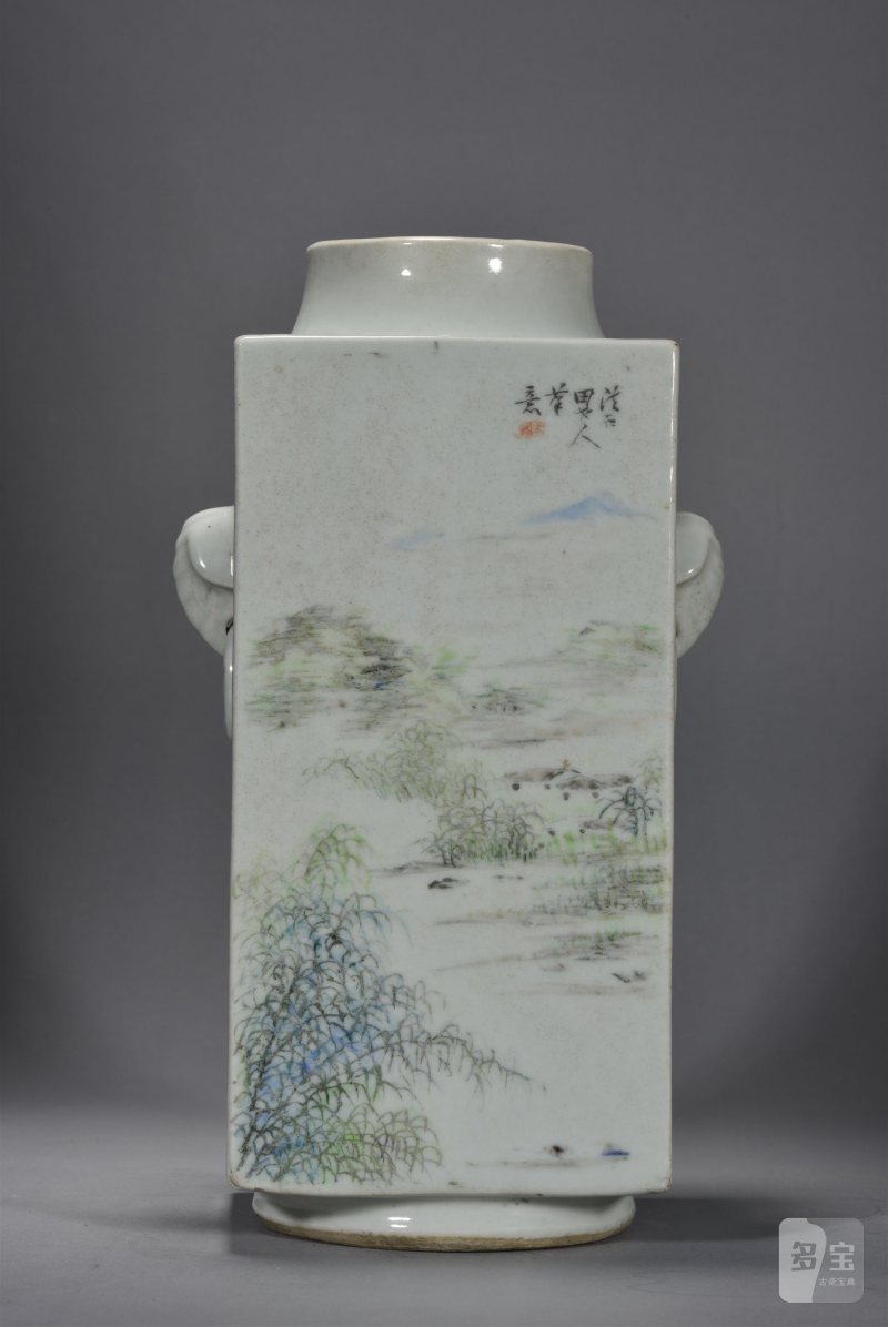 清光绪 周友松浅绛彩山水人物琮式瓶 - 图8